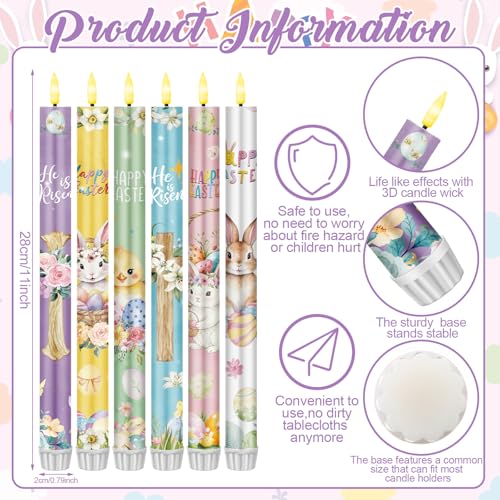 Image of Aurelema 6 Pcs Easter Flameless Candle Set Spring Bunny He Is Risen Taper Candles with Battery Operated Floral Seasonal Celebration LED Candles with Remote Timers for Christian Easter Home Decor Gifts