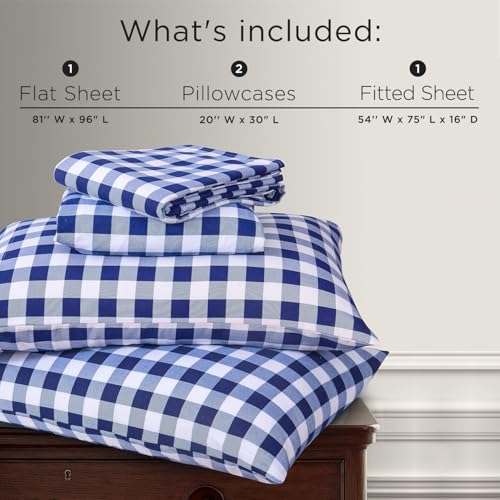 Image of Briarwood Home Printed Flannel Sheet Set, 100% Natural Cotton, Soft, Warm & Deep Pocket, Advanced Nano-Tech Making it Resistance to Pilling; Brushed 6 Times for Softness (Buffalo Navy Blue, Full)