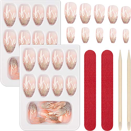 48 Pieces Glitter Coffin Nails Press on Nails Shining Glossy Flame Nails Full Cover False Acrylics Nails with 2 Pieces Nail Files and 2 Pieces Wooden Sticks for Christmas Nail Art Decoration