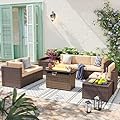 Aoxun 9 Piece Patio Furniture Set with 44” Fire Pit Table, Wicker Outdoor Furniture Set with Storage Box, Patio Sectional Set with Cushions and Waterproof Cover (Brown & Khaki)