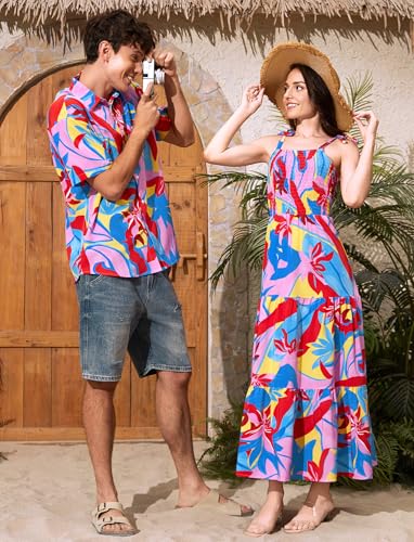 Image of PATPAT Couples Matching Hawaiian Outfits: Beach Vacation Tropical Print Women Spaghetti Strap Maxi Dress or Men Cruise Shirt