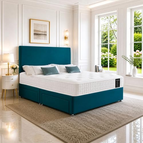 Image of SANA SLEEP Sleek 4FT Small Double Bed with Pocket Sprung Mattress & 2 Drawers | Compact Bedroom Set | Sturdy Frame for Comfort | Chic Divan Design | Modern Spaces Furniture (Jade Plush)
