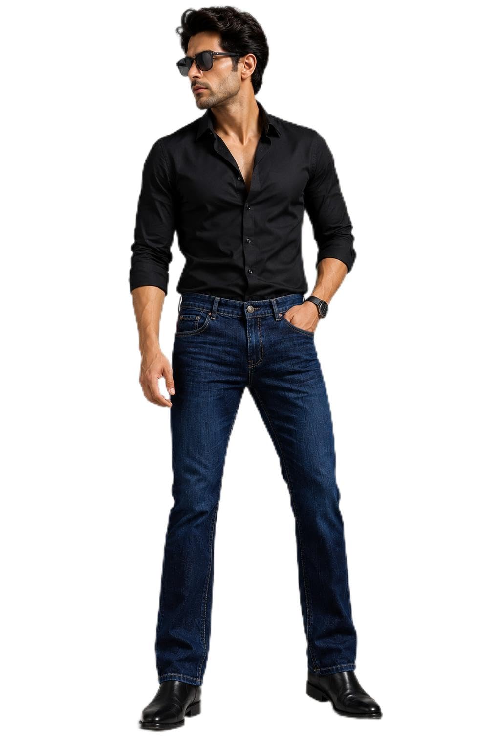 Straight Fit Boot Cut Jeans for Men, Dark Blue Denim-image-49