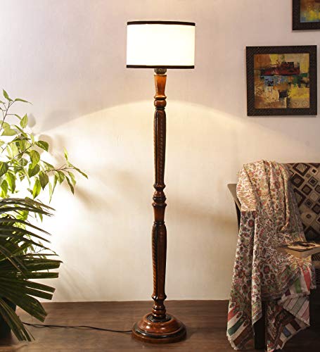 Image of Devansh Off White & Black Cotton Drum Designer Fashionable Wooden Carving Floor Lamp for Home Decor (Off White & Black, Medium)