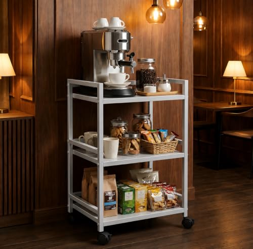 Image of WINSTAR Metal Rolling Trolley with Lockable Wheels | Heavy Duty Multifunctional Metal Frame Cart | Ideal for Home, Kitchen, Bathroom and Office Storage | (Silver, 3-Tier)