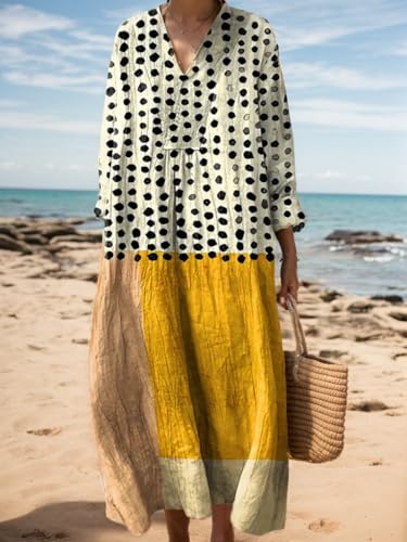 Akivide Women's Oversized Smocked Long Sleeve Boho Dress Spring Summer Casual Floral Print V Neck Maxi Dresses for Women2