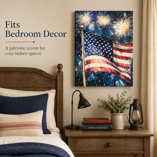 Image of Patriotic Wall Art Decorations, 4th of July American Flag Fireworks Vintage Canvas Print Picture Framed, for Rustic Americana Home Living Room Decor