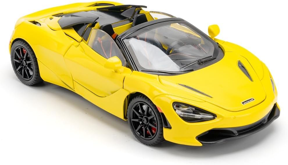 Image of 1:24 McLaren 720S Convertible Diecast Car | Alloy Metal Pull Back Toy Car with Openable Doors, Lights & Music | Model Car for Kids Boys Girls Gift & Collectors (Yellow)