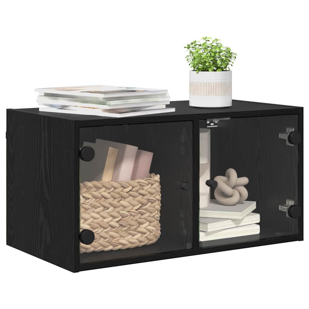Armario de pared con aspecto de roble negro, 68 x 37 x 35 cm, armario colgante moderno con puertas de cristal y 2 compartimentos de material de madera – Escaparate de pared para salón y
