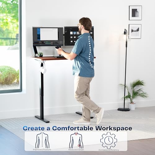 Image of VIVO Dark Walnut 43 x 24 in Standing Desk, DESK-1B4D | Electric, Holds 220 lbs, Sit Stand Up, Height Adjustable, Home Office, Memory Presets, 1B Series, Black Frame