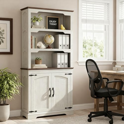 70 Inch Farmhouse Bookcase, Distressed White and Walnut Two-Tone Shelves,