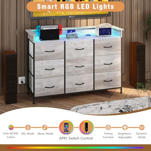 Image of EXOTICA Dresser with Charge Station 9 Drawers Dresser for Bedroom with LED Lights Tall Wide Fabric Dressers & Chests of Drawers for Closet Hallway Entryway Sturdy Steel Frame Wood Top