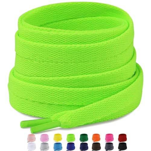 Puzeam 2 Paar Premium Schnürsenkel flach reißfest Schuhbänder 8 mm breit Ersatz Schnürsenkel für Sneakers, Turnschuhe, Sportschuhe - Neongrün 100