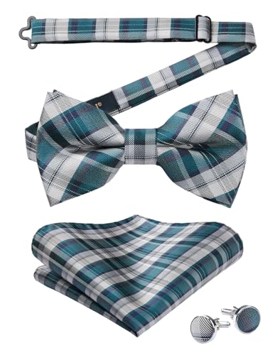 Image of HISDERN Mens Plaid Bow Tie Set Pocket Square and Cufflinks Bowtie | Pretied Bowties Design for Easy Wear,Check Pattern,Matching Handkerchief Cuff Link,3PCS Set Wedding Formal Party Groom Prom