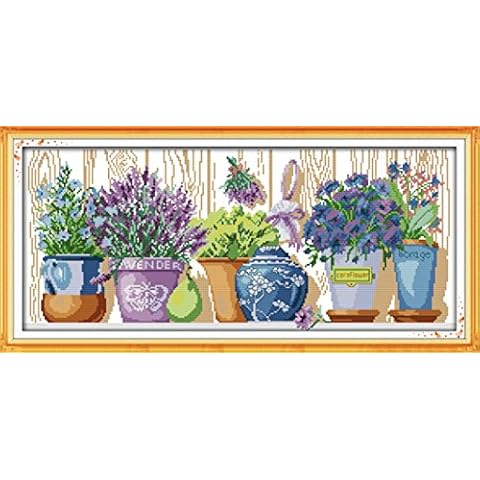 YEESAM ART Cross Stitch Kits, Flower Pot On The windowsill 14CT Counted Easy Embroidery Set White Canvas DMC Fabric DIY Handmade Needlework kit (Flower) Cover