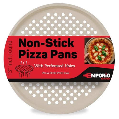 Non-Stick Pizza Pan 1 Pack, 13 Inch Round Carbon Steel Pizza Tray with Perforated Holes for Crispy Crust, PFOAPFOSPTFE Free, Dishwasher & Oven Safe Up To 450°F, Durable Nonstick White Marble Coating