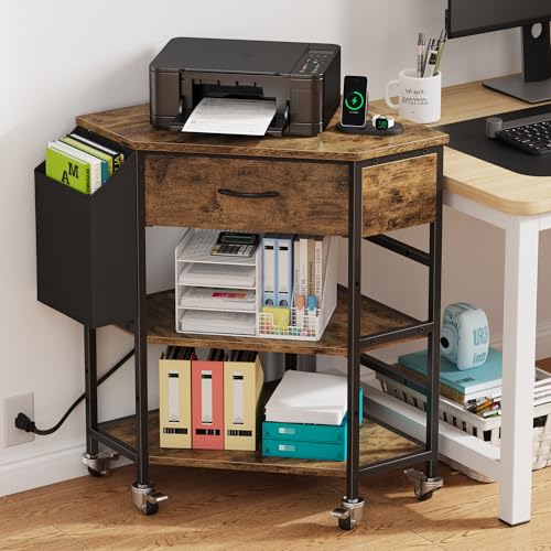 YAOHUOO Corner Printer Stand Corner Table with Power Outlet/Fabric Drawer