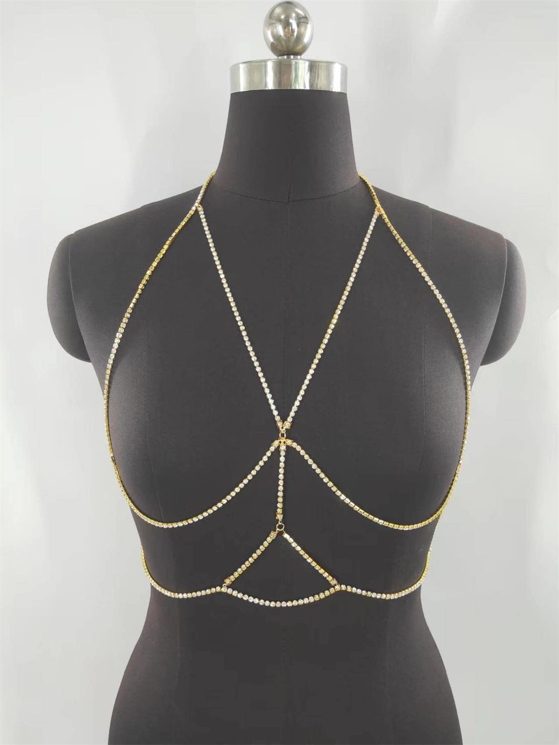RWRAPS Sexy Kette für Damen, Brustkette, Diamanten, Strand-BH-Kette, Kristall-Bikini-Dessous-Dekoration, golden