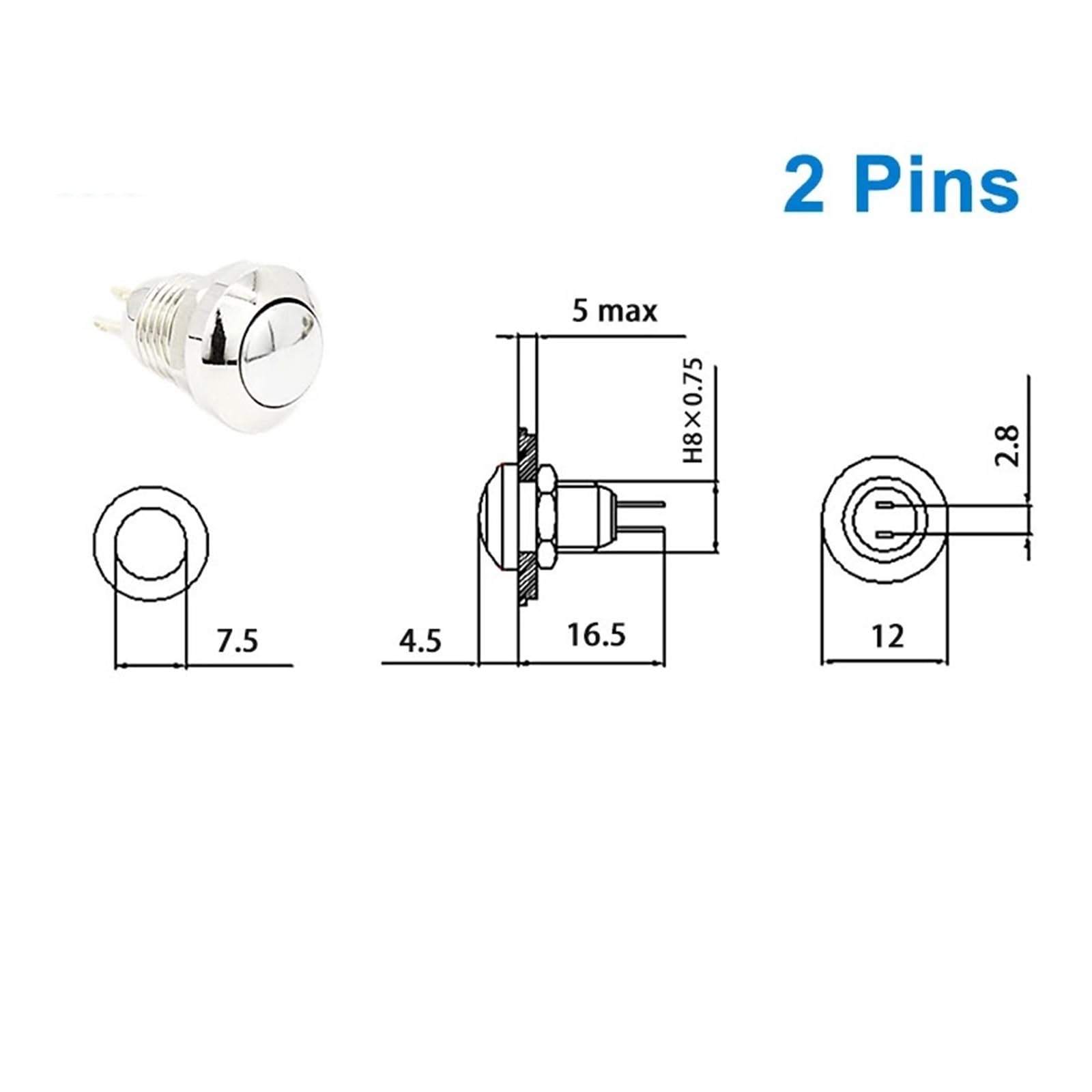 Przełącznik przyciskowy, 8 mm, metal, dzwonek do drzwi, natychmiastowy przełącznik, przycisk startu silnika, brak diod LED, 2-biegunowy wodoodporny przycisk (zielony-01)