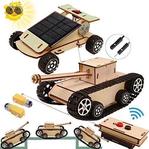 DIY Wooden Kids Science Experiment Kits-Remote Control Off Road Tracked Tank and Solar Power Race Car,STEM Learning Toys Gifts Electric Motor Building Project for Kids (Tank and Race Car(2 Kits))