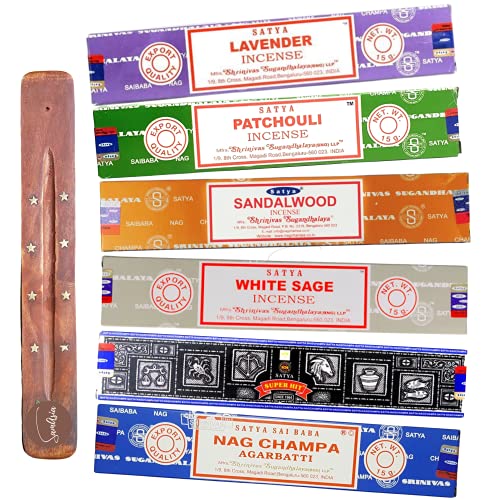 Satya Nag Champa Incense Sticks - 6 unique and premium flavours - Lavender, Patchouli, Sandalwood, White Sage, Super Hit, Nag Champa Agarbatti and comes with SAMASIA incense holder