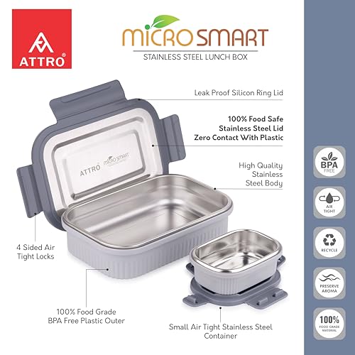 Image of ATTRO Micro Smart Stainless Steel Lunch Box with Inner Steel Body, Microwave Safe Without Lid, Airtight Leakproof with Small Container for Office, School Kids & Outdoor Use - 800ml+180ml-Grey