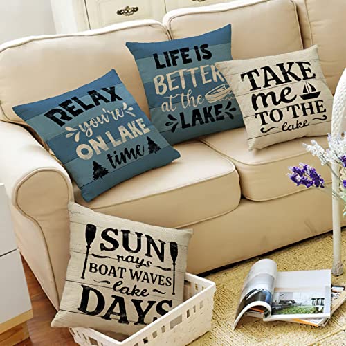 Fbcoo Life Is Better At The Lake House Decorative 18X18 Throw Pillow Cover Set Of 4, Lakehouse Retro Paddle Boat Decoration, Summer Farmhouse Pillowcase Cushion Case Home Decor For Sofa Couch #TOP3