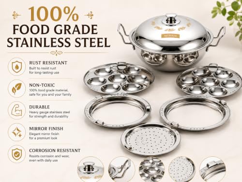 Image of MOHAM Stainless Steel Idli Maker, Dhokla & Momo Steamer Pot with 2 Idli Plates (14 Idlis), 2 Khaman /Dhokla Plates, 1 Patra Plate | Multipurpose Steam Cooker with Lid | Heavy Gauge Food Grade Steel | Mirror Finish | Gas & Induction Compatible
