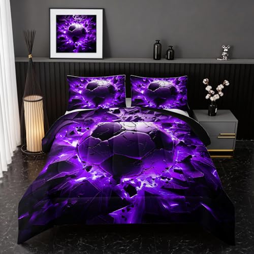 Image of Nttopship Soccer Bedding Comforter Set Full Size for Kids Teens and Adults, Purple and Black Football Printed Bedding Sets 3 PCS,Ball Sports Themed Bedroom Decor with 1 Comforter and 2 Pillowcases