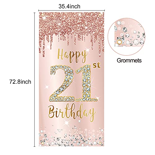 Image of Happy 21st Birthday Door Banner Backdrop Decorations for Women, Pink Rose Gold 21 Birthday Party Door Cover Sign Supplies, 21 Year Old Bday Poster Background Photo Booth Props Decor
