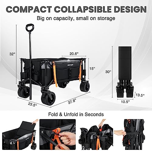 HEYTRIP Collapsible Wagon Beach Wagon Cart Heavy Duty with Big Wheels for sand, Utility Wagon with 200L Capacity & 286LBS Load-bearing, Side Pocket and Brakes for Shopping Camping Garden
