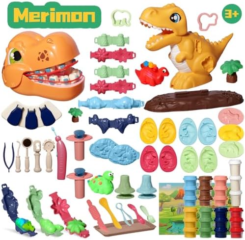 Merimon Dinosaur Color Dough Sets, Includes Dino Dentist Play Set, Tyrannosaurus Rex Set, Jungle Dinosaur Molds and Cans Non-Toxic of Modeling Clay for Ages 3+ Boys and Girls Gift (4 in 1-73 Pcs)