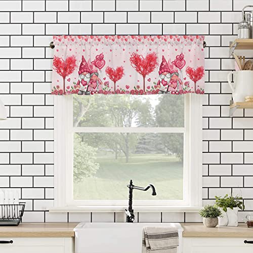 Valentines Day Gnomes Pink Roses Curtain Valance For Windows/Living Room/Kitchen/Bathroom, Lover Tree Pink Romantic Floral Short Rod Pocket Tier Curtain Geometry Heart Window Treatment Panel 54X18 #TOP3