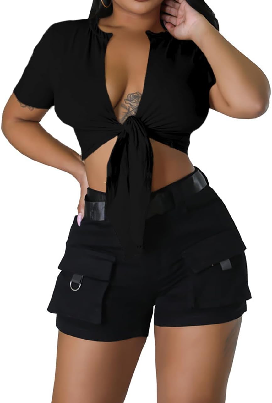 Sexy Graphic Crop Tops for Women Summer Short Sleeve Tie up Tee Shirt - Image 5