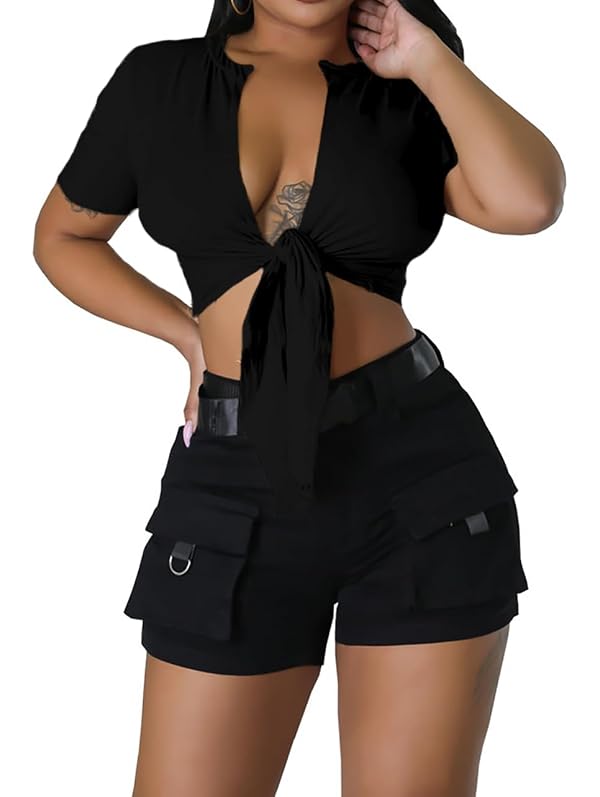 vblane Sexy Graphic Crop Tops for Women Summer Short Sleeve Tie up Tee Shirt Black Small by vblane - Used condition - Image 2