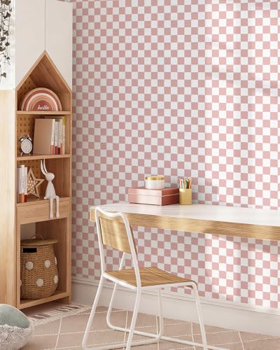 Yomshi Papel Pintado Autoadhesivo Rosa con Diseño Geométrico a Cuadros 44 x 300 cm Lámina Decorativa Boho para Armarios, Baños y Habitaciones Infantiles, Autoadhesiva yY Removible