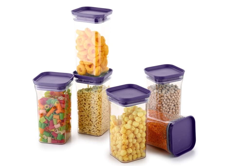 Homeor Lot de 6 bocaux de rangement et récipients en plastique hermétiques et sans BPA empilables pour cuisine - Lot de 6 récipients de cuisine polyvalents - 1100 ml chacun - Violet