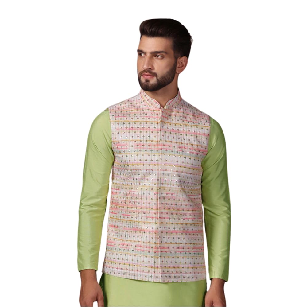 kisah Men's Nehru Jacket, Multi Cotton Blend, Embellished Mandarin Collar Regular Fit Sleeveless-picture-38