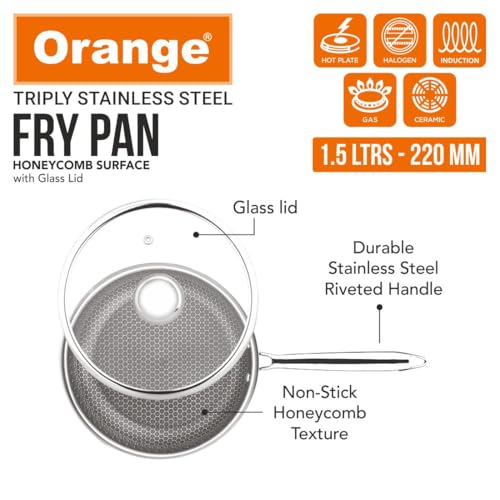 Image of Orange Triply Stainless Steel Honeycomb Fry Pan with Glass Lid 1.5L, 22cm | Scratch Resistant Non Stick Frying Pan with Long Handle | Gas top and Induction Bottom Friendly