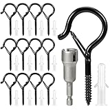 InPoTo 12PCS Q Hanger Hooks with Safety Buckle, Windproof Screw Hooks, Outdoor String Lights, Plants, Christmas Lights, Patio Lights Use, 2.2 Inches, Black with 1 Wing Nut Driver