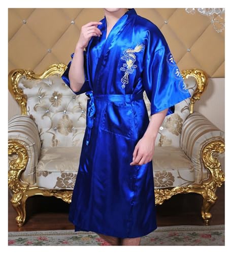 Mens Silk Kimono Robe Mens Japanese Silk Dragon Bathrobe Chinese Kimono Robe Men Open Front Long Cloak with Belt(Blue,XXXX-Large)4