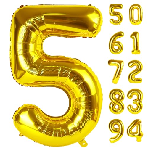 Image of Gold 5 Balloon, Number Balloon 40 Inch, Gold and Black Party Supplies, 5th Birthday Balloon Decorations, 5 Number Balloons, Number 5 Balloon