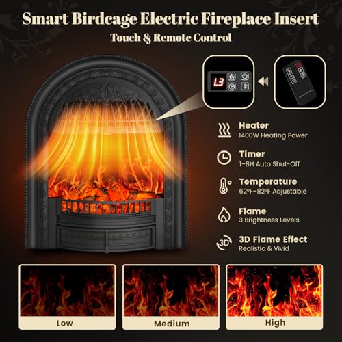 Image of 50 inch Solid Wood Electric Fireplace with Mantel, White Roman Column TV Stand with Black Arched Birdcage Heater Insert, Elegant Fireplace for Living Room, Bedroom & Entryway