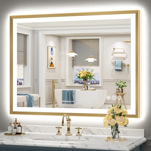 Image of 48x36 Gold Beveled LED Bathroom Mirror Backlit & Front Lit Anti-Fog | Brushed Gold Framed, Anti-Fog Lighted Vanity Mirror, Dimmable, 3-Color Light, Memory, CRI95, HD Tempered Glass, UL Listed