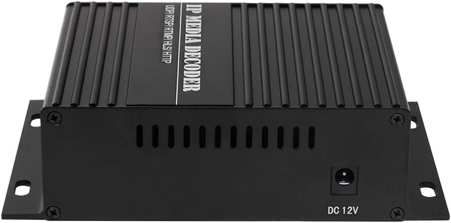 Wara view of the HaiweiTech H.265 HDMI CVBS Decoder showing the DC 12V power input.