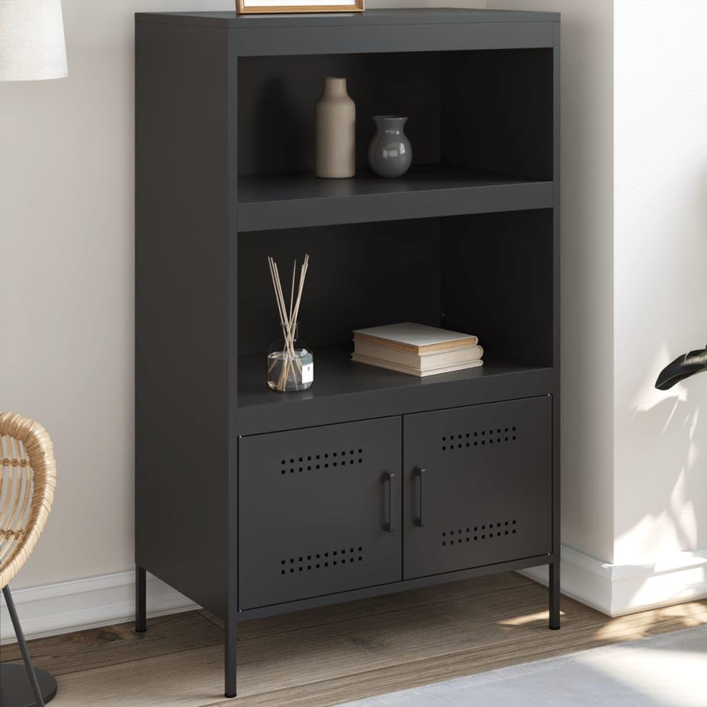 Aparador industrial de acero negro 68 x 39 x 113 cm con 2 estantes y 2 compartimentos, robusto armario de salón para comedor, pasillo y dormitorio
