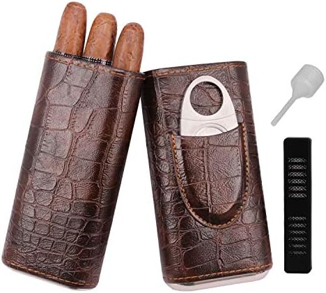 AMANCY 3-Finger Classy Black Brown Crocodile Pattern Leather Cigar Case With Small Humidifier and Cutter