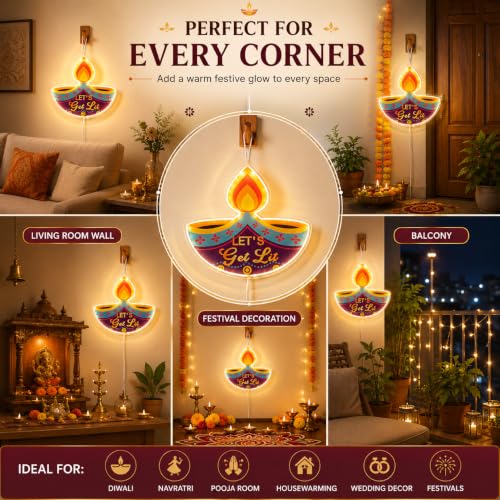 Image of Desidiya Diya LED Hanging Light | Warm White Double-Sided Festival Decor | Double-sided illuminated artwork offers vibrant visibility from both front and back.