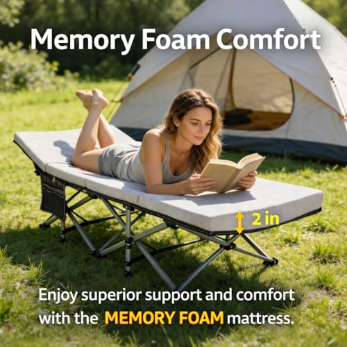 Image of ABORON XXL Camping Cot with 2in Memory Foam Mattress, 900LBS Heavy Duty Sleeping Cot for Adults, Extra Wide Sleeping Cot, 1200D Double Layer Oxford Cot for Camping, Guest, Office Nap
