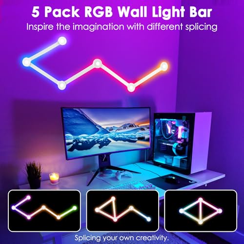 Image of RGB Wall Light lines, Smart Gaming LED Lights DIY Geometry Splicing Gaming Wall Light Bar, Backlit Modular APP Control Colour Changing for Game Room,Bedroom,Home Decor Lights (5 Lines, White)